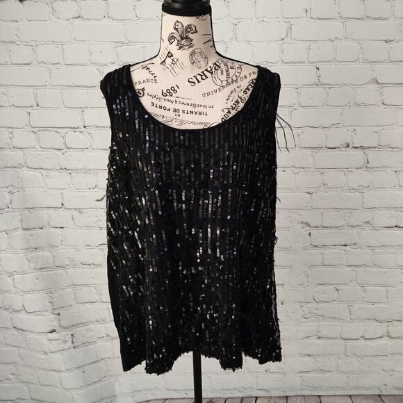 New Noir Sequined Sleeveless Blouse Top Feathery Accents Stretch Black Size 3X - Picture 6 of 7